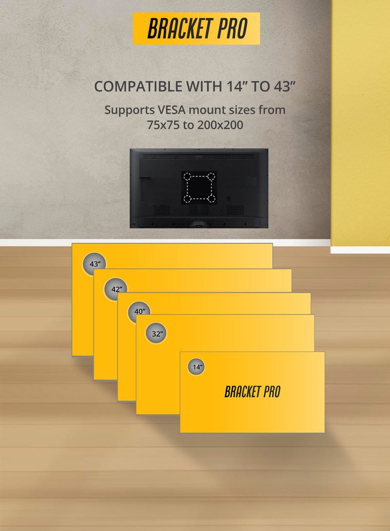 الموالية قوس حامل جداري ثابت للتلفزيون من Bracket Pro، مناسب لشاشات LED وLCD وOLED من 14 إلى 43 بوصة - تصميم فائق النحافة، يتحمل أوزانًا ثقيلة تصل إلى 25 كجم - متوافق مع معايير VESA من 75x75 إلى 200x200 - سهل التركيب - BPF1443 - Image 4